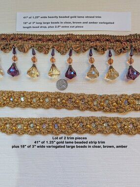 Lot of 2 trim pieces, 41" of 1.25" gold lame beaded strip trim, & 18" of 3" lame